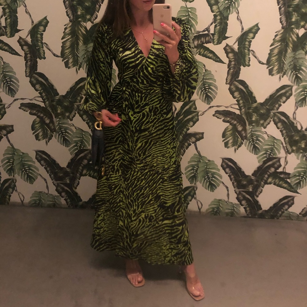 Ganni stretch silk satin tiger stripe wrap dress